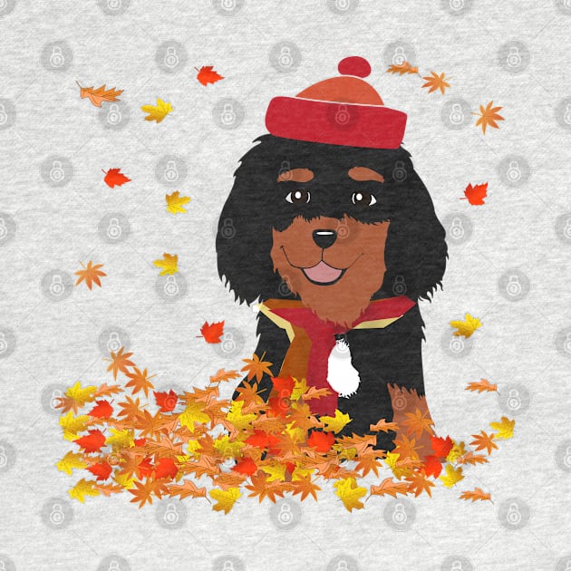 Fall Black and Tan Cavalier in Leaves by Cavalier Gifts